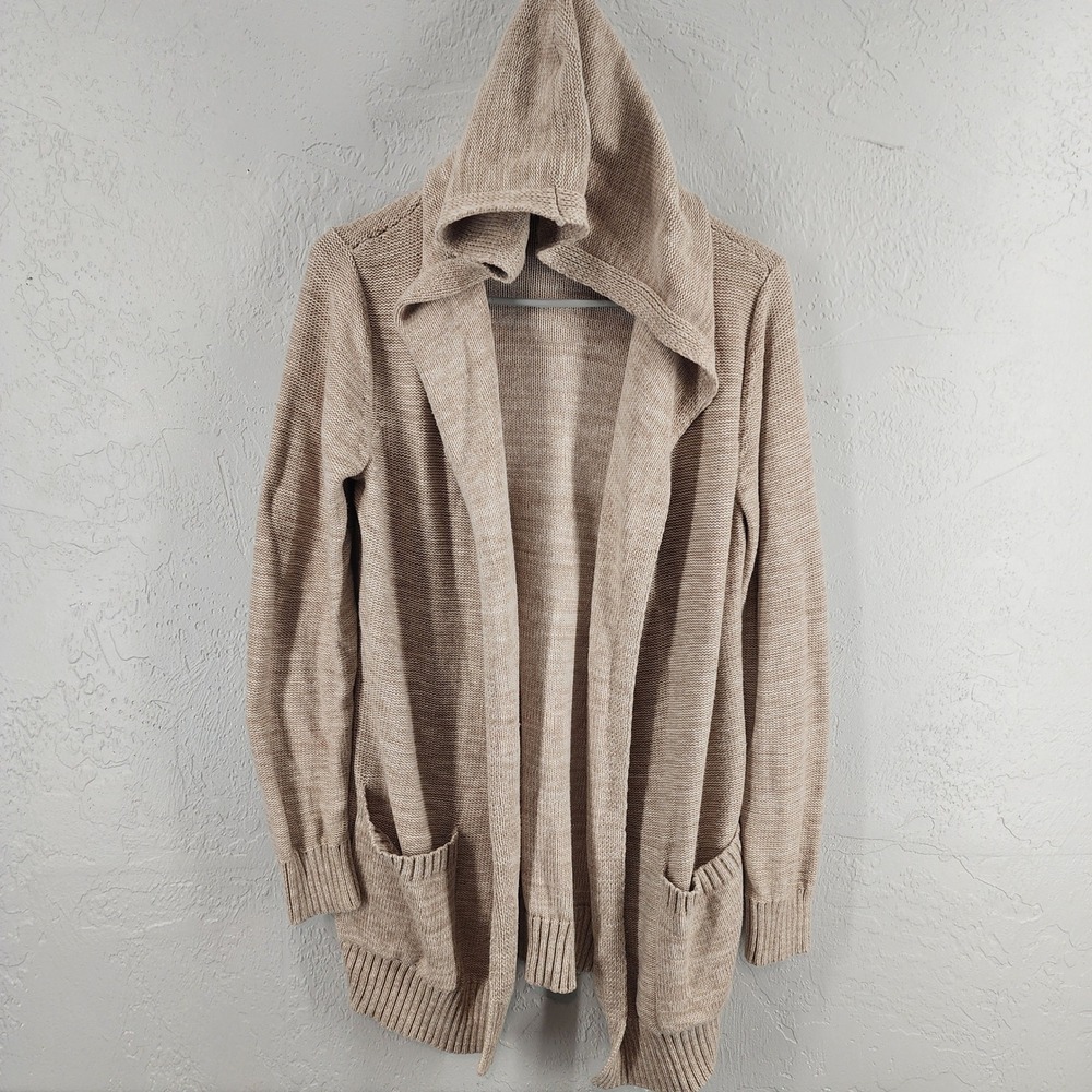 Tahari Beige Hooded Open Front Knit Cardigan Sweater Pockets Womens Medium